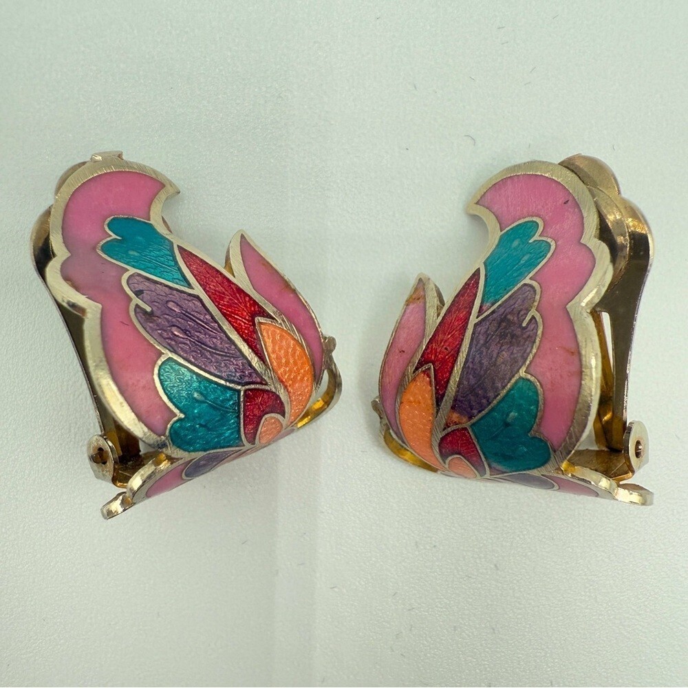 Gorgeous Vintage Cloisonne Enamel Butterfly Wing Clip On Earrings
